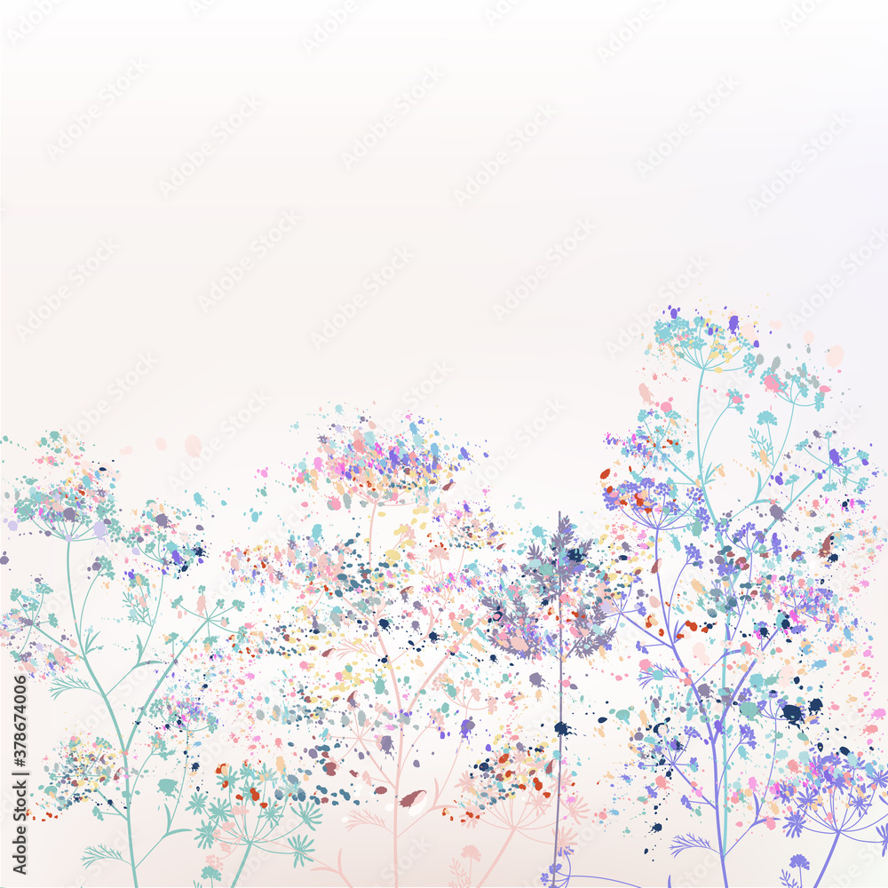 Beautiful abstract vector floral illustration with plants and paint spots - obrazy, fototapety, plakaty 
