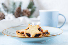 Christmas Homemade Mince Pies On Blue Ceramic Plate