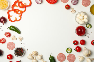 Ingredients for cooking pizza on white background