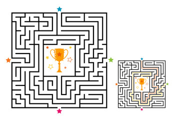 Wall Mural - Square maze labyrinth game for kids. Labyrinth logic conundrum with winner cup. Four entrance and one right way to go. Vector flat illustration isolated on white background.