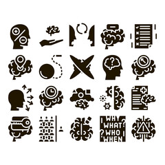 Poster - Dementia Brain Disease Glyph Set Vector. Dementia Mind Degenerative Illness, Memory Loss And Poor Speech Pronunciation Glyph Pictograms Black Illustrations