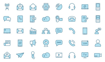 communication outline vector icons in two colors isolated on white. communication blue icon set for web and ui design, mobile apps and print products