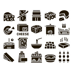 Poster - Cheese Dairy Food Glyph Set Vector. Cheese On Sliced Bread Sandwich Breakfast And Milky Product Piece, Grater And Cut Board Glyph Pictograms Black Illustrations