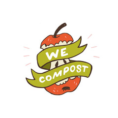 Decorative green ribbon with lettering slogan Learn To Compost wrapping up red apple core. Cartoon style image of zero waste lifestyle. Typographic handdrawn phrase to use organic peeling and scrap