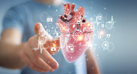 Fototapete - Man using digital x-ray of human heart holographic scan projection 3D rendering
