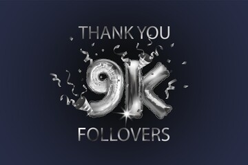 Sticker - Thank you 9K or 9K subscribers. Vector illustration with silver shiny balls and confetti for friends on social networks, web users on a dark background. Thank you, celebrate subscribers, likes.