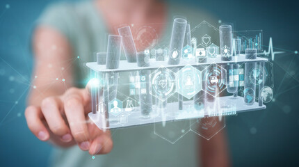 Poster - Woman holding and touching holographic tubes samples projection 3D rendering