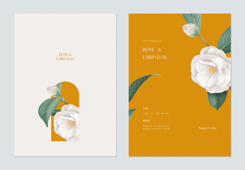 Wall Mural - floral wedding invitation card template design, white semi-double camellia flowers with leaves