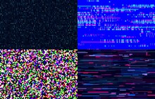 Futuristic Neon Glitch Seamless Pattern. TV Pixel Noise On Television Screen. Distorted Signal With Light Bug Effects Set. Glitched Tech Lines And Video Snow Interference Vector Illustration