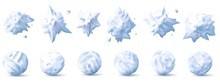 Snowball 3d. Snow Splats, Splashes And Round White Snowballs Collection For Kids Winter Fights Realistic Vector Set. Christmas, New Year Holiday For Children Game, Isolated Objects