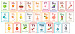 Kids ABC cards. Letter study set, english alphabet with food, animals and fairy tale characters cartoon illustrations vector collection. Flashcards for pupils or students in school learning
