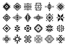 Tribal Elements. Monochrome Geometric American Indian Patterns, Navajo And Aztec, Ethnic Ornament For Textile Decorative Ornament Vector Set. Black Cultural National Symbols, Art Decoration