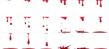 Dripping Blood Animation. Red Paint Splash For Game, Murder Or Crime Scene With Bloody Splatter, Halloween Horror Decoration For Holiday Celebration Isolated Set Vector Illustration