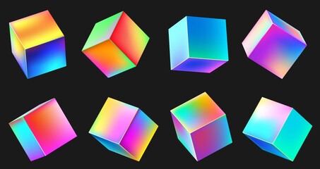 holographic realistic 3d metal cube set. neon color geometric element in different positions. square