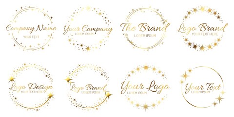 Wall Mural - stardust golden logo set. shiny circle frames with stars and glowing glitter. round border for compa