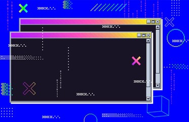 vaporwave cyberpunk glitch retrofuturistic background with opened windows. user interface with neon 