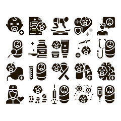 Poster - Pediatrics Medical Glyph Set Vector. Child And Pediactrics Nurse, Baby On Electronic Scale And Healthcare Cream Glyph Pictograms Black Illustrations