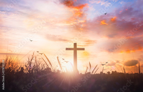 Religious concept: Silhouette cross and birds flying on  sunrise background