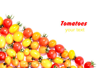 Red and yellow cherry tomatoes isolated on white background. Food background top view. Place for text