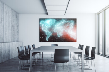 Wall Mural - abstract graphic world map on tv display in a modern presentation room, big data and networking conc