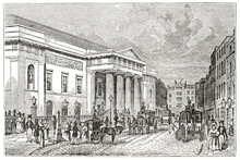 Old Outdoor View Of Covent Garden Theater, London, In A Busy Street With People And Carriages. Ancient Engraving Style Art By Unidentified Author, The Penny Magazine, London 1837