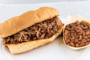 BBQ meal of pulled pork sandwich with a side dish of baked beans  will taste as delicious as it looks.