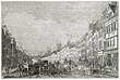 Large London old street walked by carriages with long building line in background. Holborn from Middle Row. Ancient engraving style art by unidentified author, The Penny Magazine, London 1837