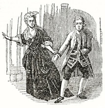 Couple Of Actors Playing On Stage Dressing Ancient Costumes. David Garrick (1717 - 1779) Acting Macbeth. Ancient Engraving Style Art By Unidentified Author, The Penny Magazine, London 1837