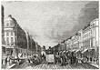 Central front view of crowdy Regent street, London. Long buildings line and people. Ancient engraving grey tone art by unidentified author, The Penny Magazine, London 1837