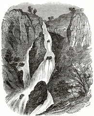 Wall Mural - Vertical waterfall on rocky mountain. Fall on the Brook wich runs fron Styhead Tarn into Borrowdale. Ancient engraving grey tone art by unidentified author, The Penny Magazine, London 1837