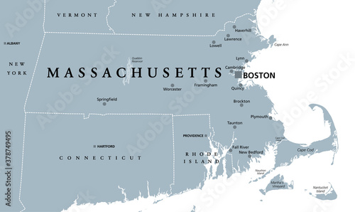 Massachusetts Gray Political Map With Capital Boston Commonwealth Of Massachusetts Ma Most Populous State In The New England Region Of United States The Bay State English Illustration Vector Stock Vector Adobe