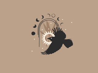 Wall Mural - hand drawn vector abstract stock flat graphic illustration with logo elements ,crow,sun and moon pha
