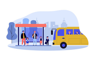 Wall Mural - children waiting for school bus. kids standing at bus station flat vector illustration. transport, t