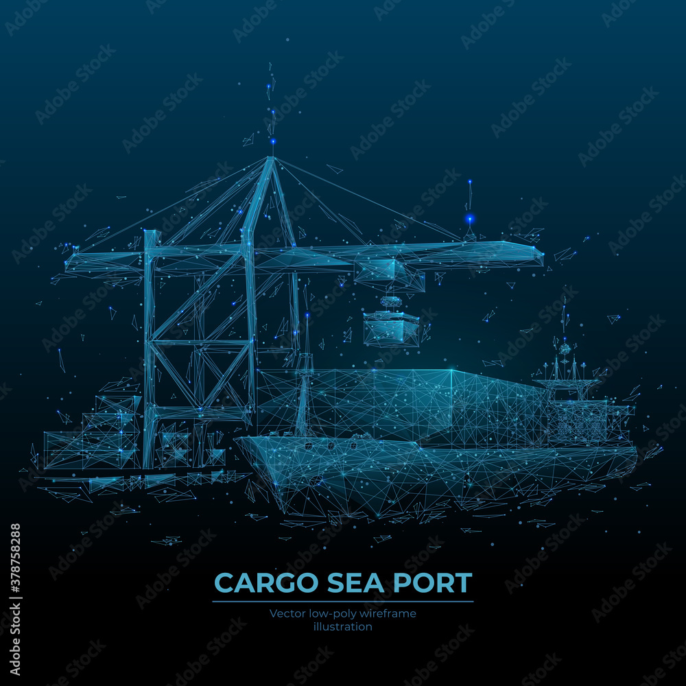 Abstract low poly cargo sea port. 3d ship, port crane and containers in dark blue. Container ships, transportation, logistics, business or worldwide shipping concept. Digital vector mesh illustration - obrazy, fototapety, plakaty 