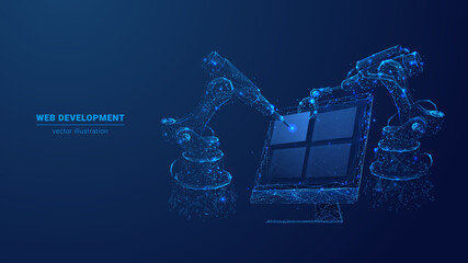 Fototapete - Abstract polygonal 3d illustration of computer screen and robotics in dark blue. Innovative web development, app or website design concept. Digital vector mesh with lines, dots, stars and particles