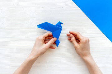 Wall Mural - Origami bird in female hands. Care peace concept. Top view