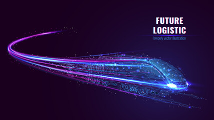 Poster - Digital low poly wireframe of futuristic high-speed train. Future logistics, modern technology, transport concept. Abstract 3d blue and purple illustration with connected dots. Vector color mesh