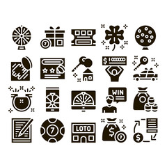 Poster - Lottery Gambling Game Glyph Set Vector Thin Line. Human Win Lottery And Hold Check, Car Key And Money Bag, Fortune Wheel And Loto Glyph Pictograms Black Illustrations