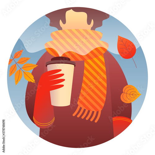 Fotomural A woman character holding hot coffee to go, wearing red gloves, a brown coat, and a striped yellow-orange scarf walks outdoor with autumn leaves around her