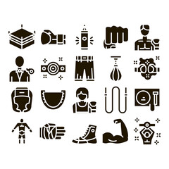 Wall Mural - Boxing Sport Tool Glyph Set Vector Thin Line. Boxing Glove And Shirts, Protection Helmet And Mouth Piece, Ring And Box Award Glyph Pictograms Black Illustrations