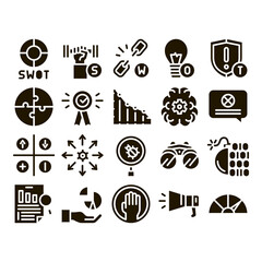 Sticker - Swot Analysis Strategy Glyph Set Vector Thin Line. Swot Infographics And Broken Chain, Lightbulb, Shield And Brain With Gear Glyph Pictograms Black Illustrations