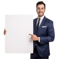 Portrait of a happy smiling business man holding and point to a blank background