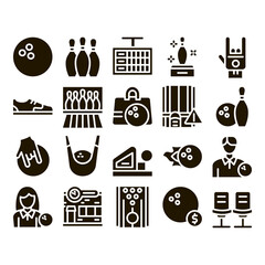 Sticker - Bowling Game Tools Glyph Set Vector. Bowling Ball and Skittle, Building And Stool, Scoreboard And Shoe, Player And Hand Gesture Glyph Pictograms Black Illustrations