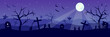 Happy Halloween banner with spooky ghosts and bats on cemetery. Scary night background with zombie and moon.