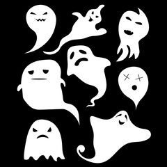 Wall Mural - Ghost icons. Scary white ghosts design on black background. Ghost shadow funny. ghost sheet for halloween character design.