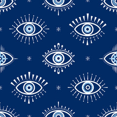 Wall Mural - Evil eye vector seamless pattern. Magic, witchcraft, occult symbol, line art collection. Hamsa eye, magical eye, decor element. Blue, white, eyes. Fabric, textile, giftware, wallpaper.