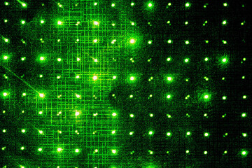 Abstract black digital technology background with green luminous particles dots. Matrix of virtual reality. Computer binary code illustration.