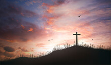 Religious Concept: Silhouette Cross And Birds Flying On  Sunrise Background