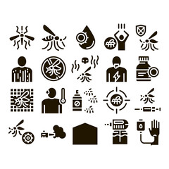 Poster - Malaria Illness Dengue Glyph Set Vector Thin Line. Malaria Mosquito, Spray And Protect Cream Bottle, Sick Human And Treatment Glyph Pictograms Black Illustrations