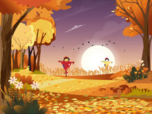 Autumn Landscape Wonderland Fores,Mid Autumn Natural In Orange Foliage With Ripe Wheat Fields And Cute Scarecrow In Sunny Day, Cute Cartoon Smiling Scarecrow Standing On Fram Fields In Fall Season.
